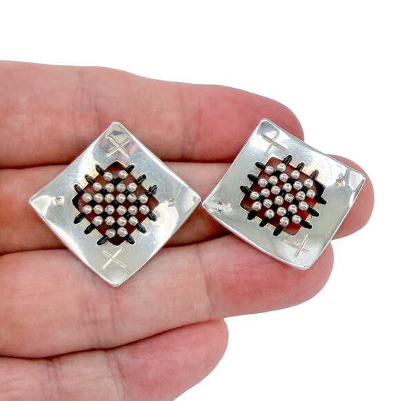 Sharon Donovan Sterling Silver 925 Square Woven Beaded Earrings